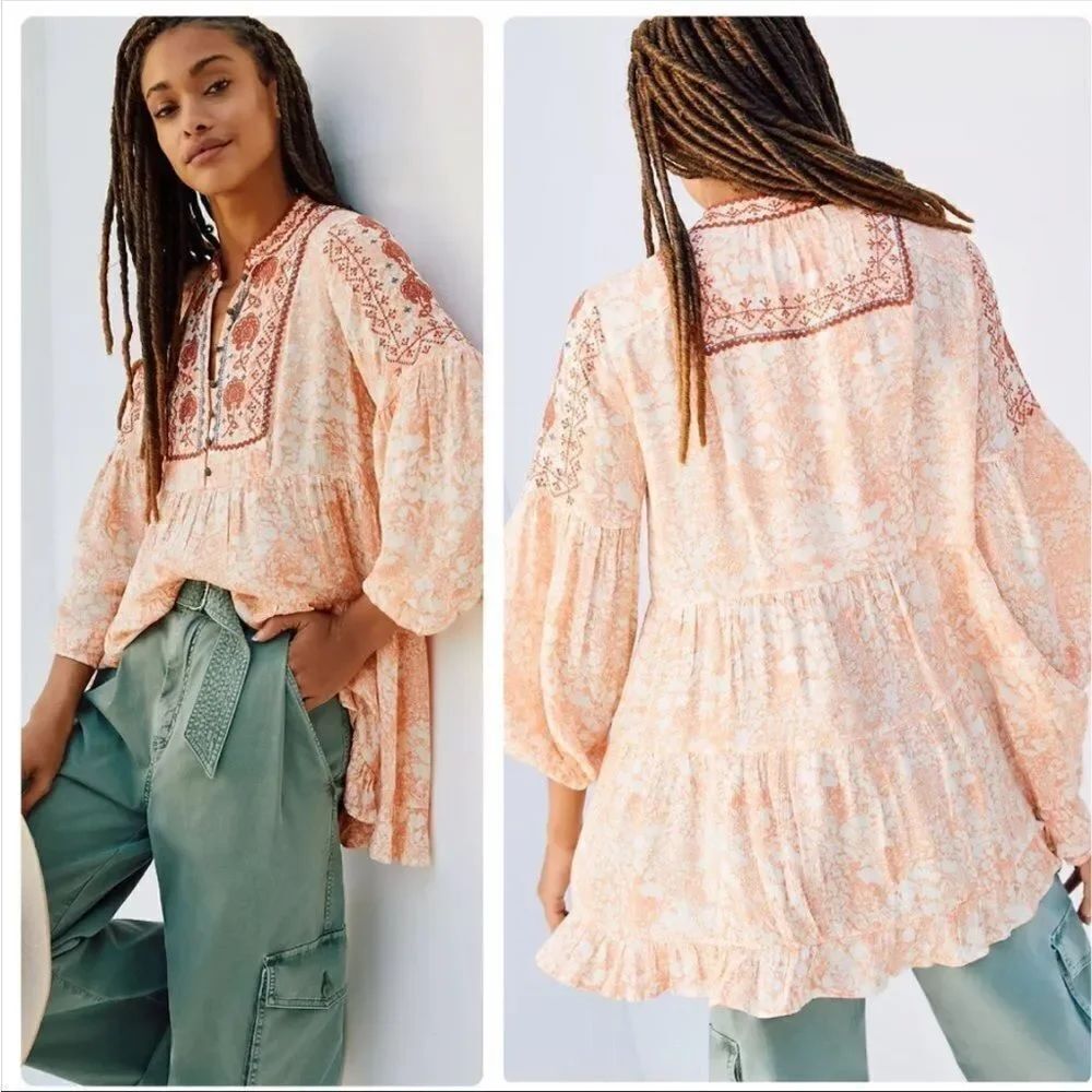 ANTHROPOLOGIE | Claudia Embroidered Long Sleeve Tunic Top Orange Women’s Size XS